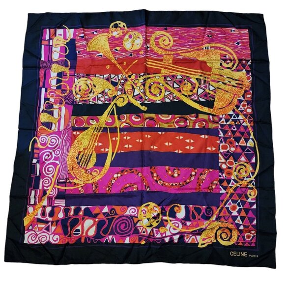 Celine Hand-Rolled Silk Scarf with Musical Instruments Motif 33" x 33" - Picture 1 of 5